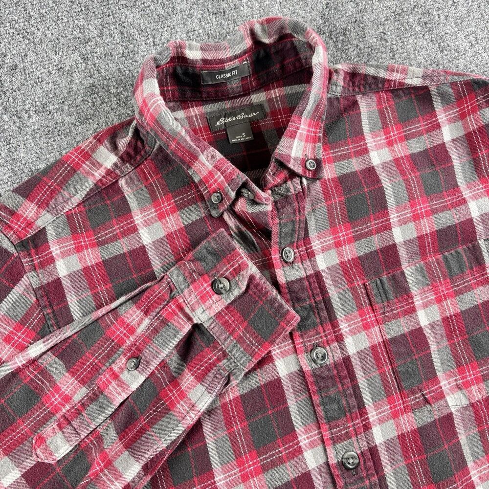 Eddie Bauer Flannel Shirt Mens S US S Red Gray Plaid Classic Fit
